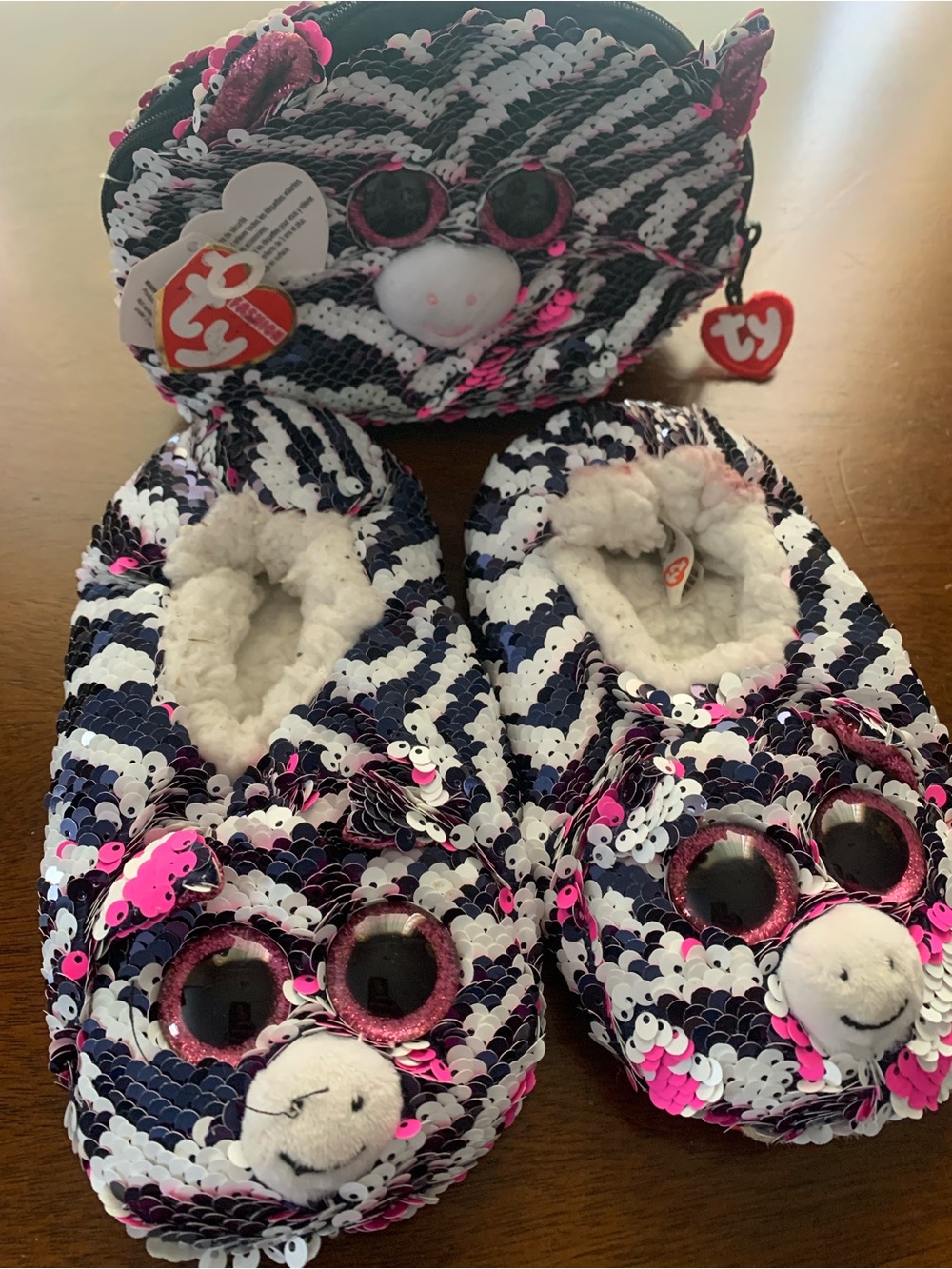 Ty Beanie boos Zoey cat Slippers and Matching Coin Purse - Pink, White, Navy